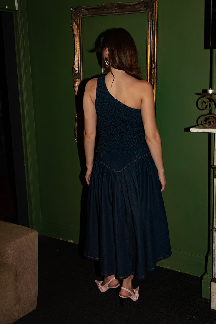 Denim One Shoulder Ruffle Top With Wide Leg Pants